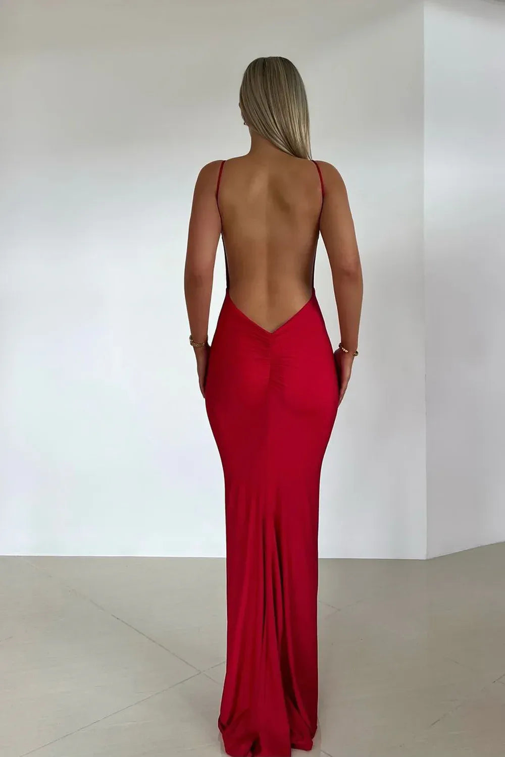 Deep V Neck Thin Spaghetti Strap Backless Satin Mermaid Floor Length Prom Evening Gown
