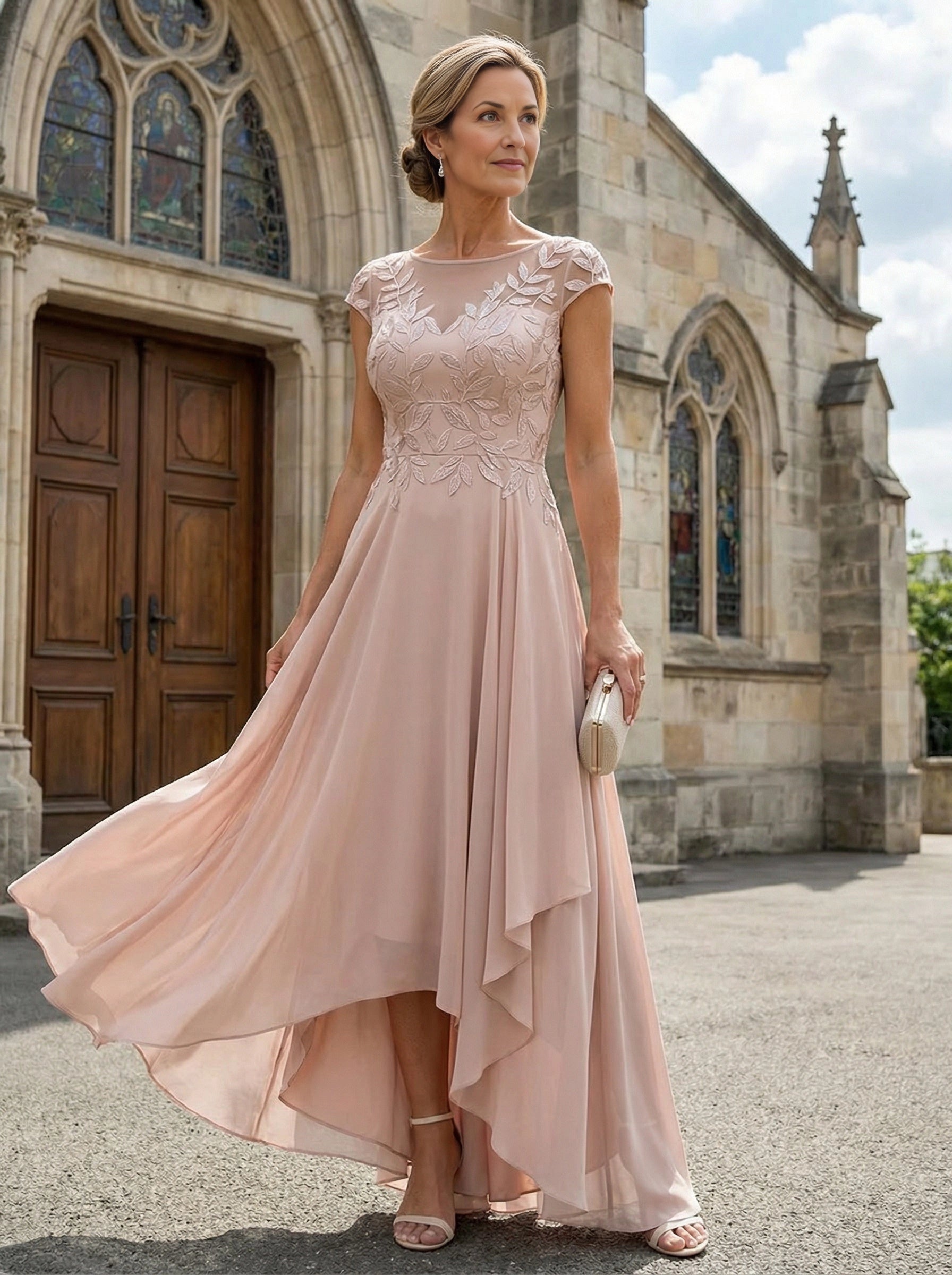 Vedress blush pink leaf lace bodice chiffon mother of the bride dress cap sleeve illusion neck