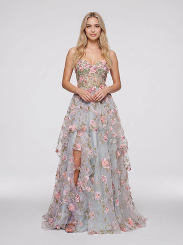 Vedress delicate 3D floral embroidery a‑line prom dress, sweetheart sleeveless corset top, lace‑up open back, long tulle skirt with high slit, formal evening gown