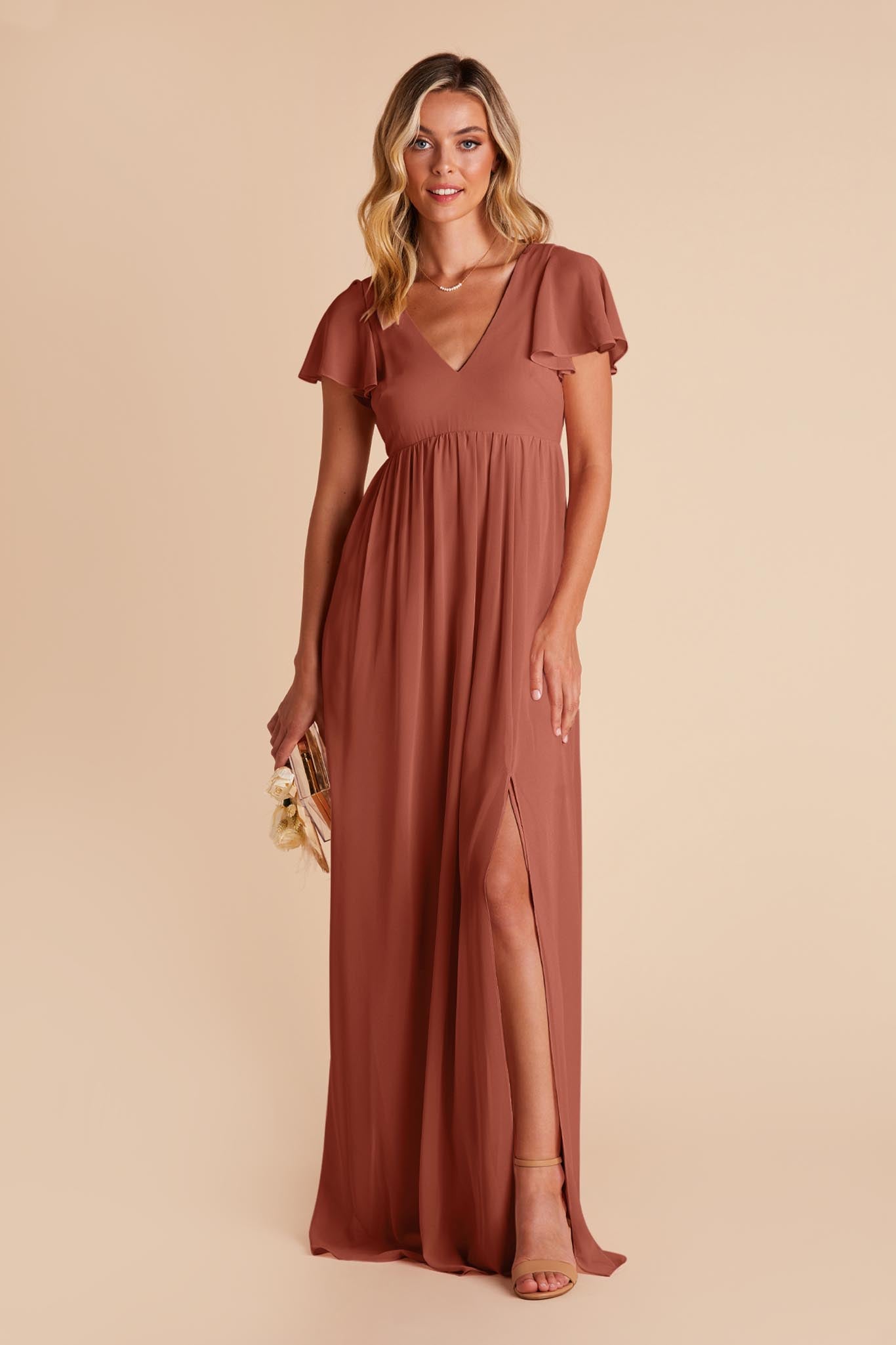 Women's V-Neck Flutter Sleeve Chiffon Bridesmaid Dresses Maxi Dress with Empire Waist & Side Slit Formal Evening Gown