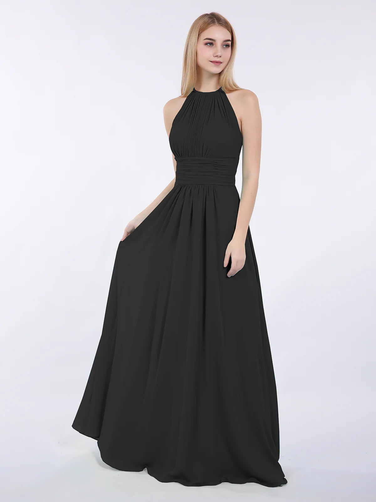 High Neck Halter Pleated Ruched Chiffon Bridesmaid Maxi Dress with Open Back & Pockets