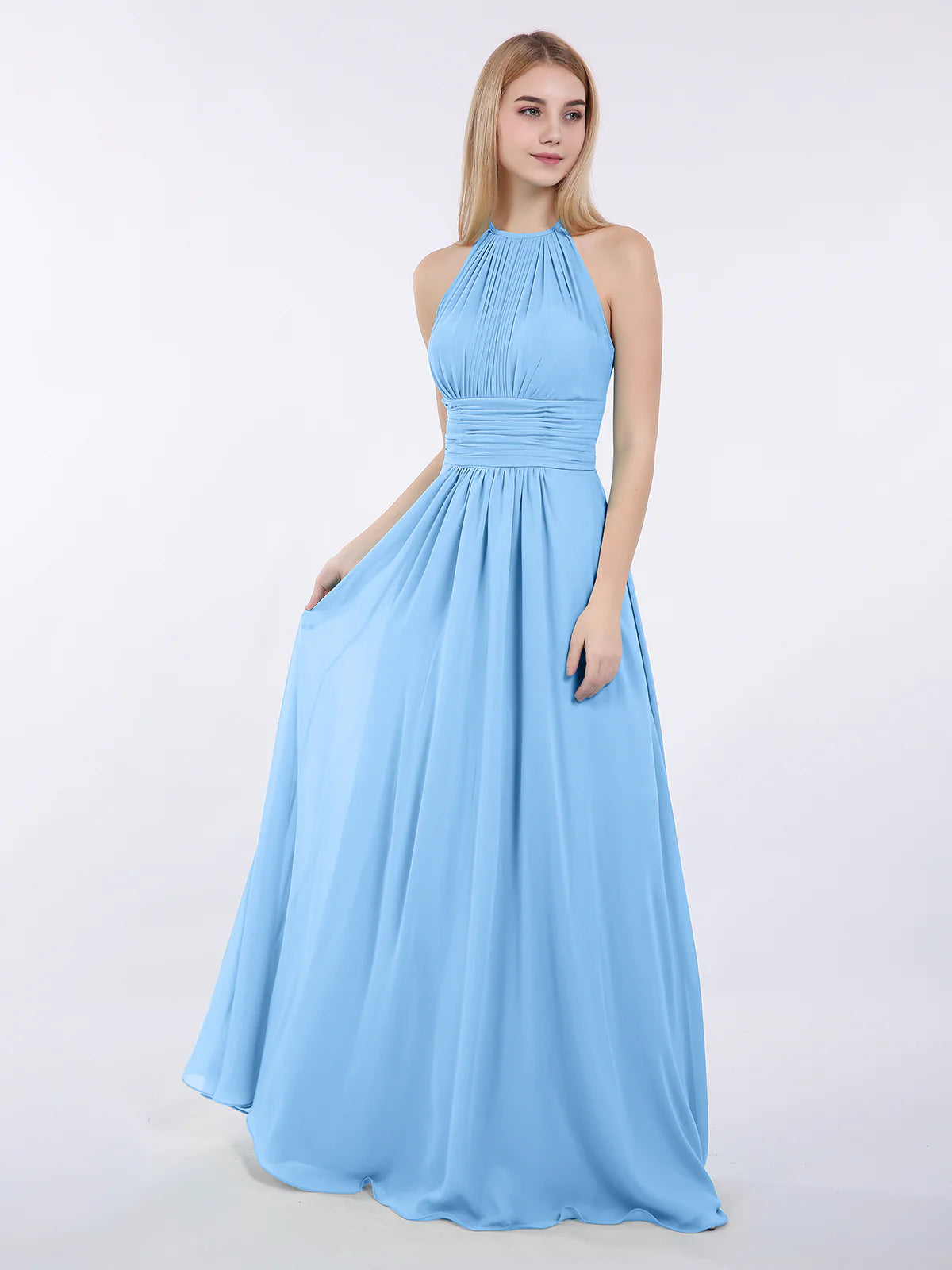High Neck Halter Pleated Ruched Chiffon Bridesmaid Maxi Dress with Open Back & Pockets
