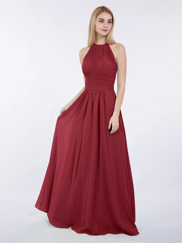 High Neck Halter Pleated Ruched Chiffon Bridesmaid Maxi Dress with Open Back & Pockets