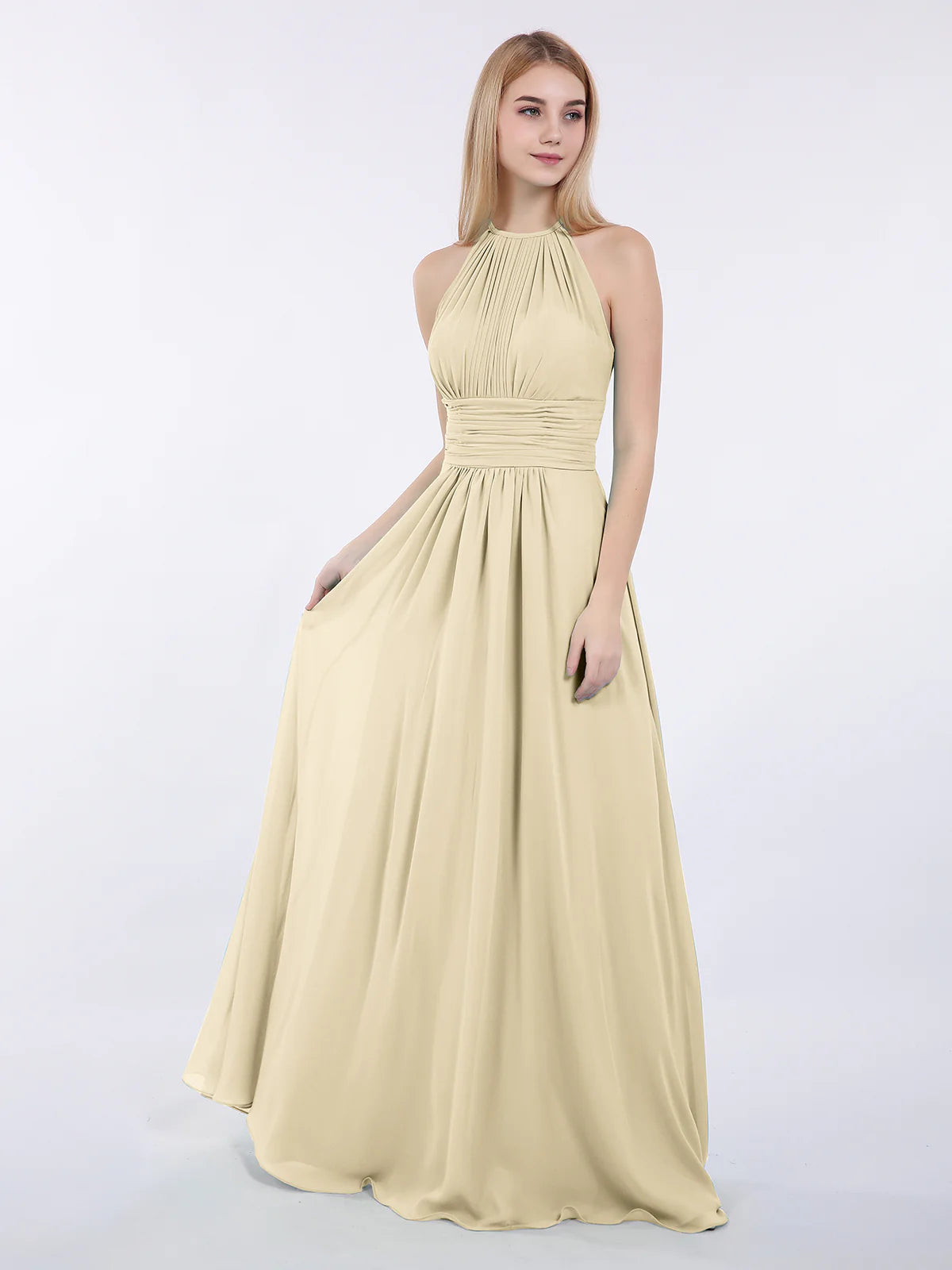 High Neck Halter Pleated Ruched Chiffon Bridesmaid Maxi Dress with Open Back & Pockets