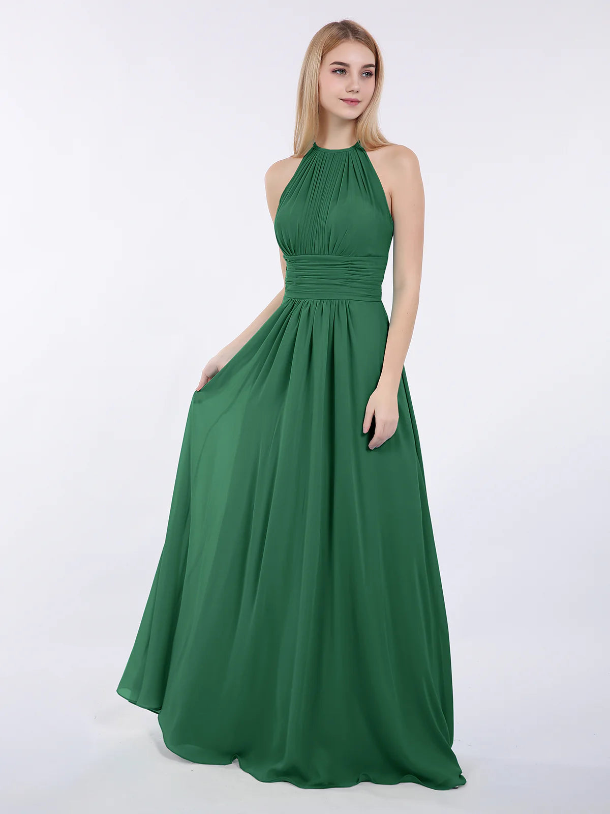 High Neck Halter Pleated Ruched Chiffon Bridesmaid Maxi Dress with Open Back & Pockets