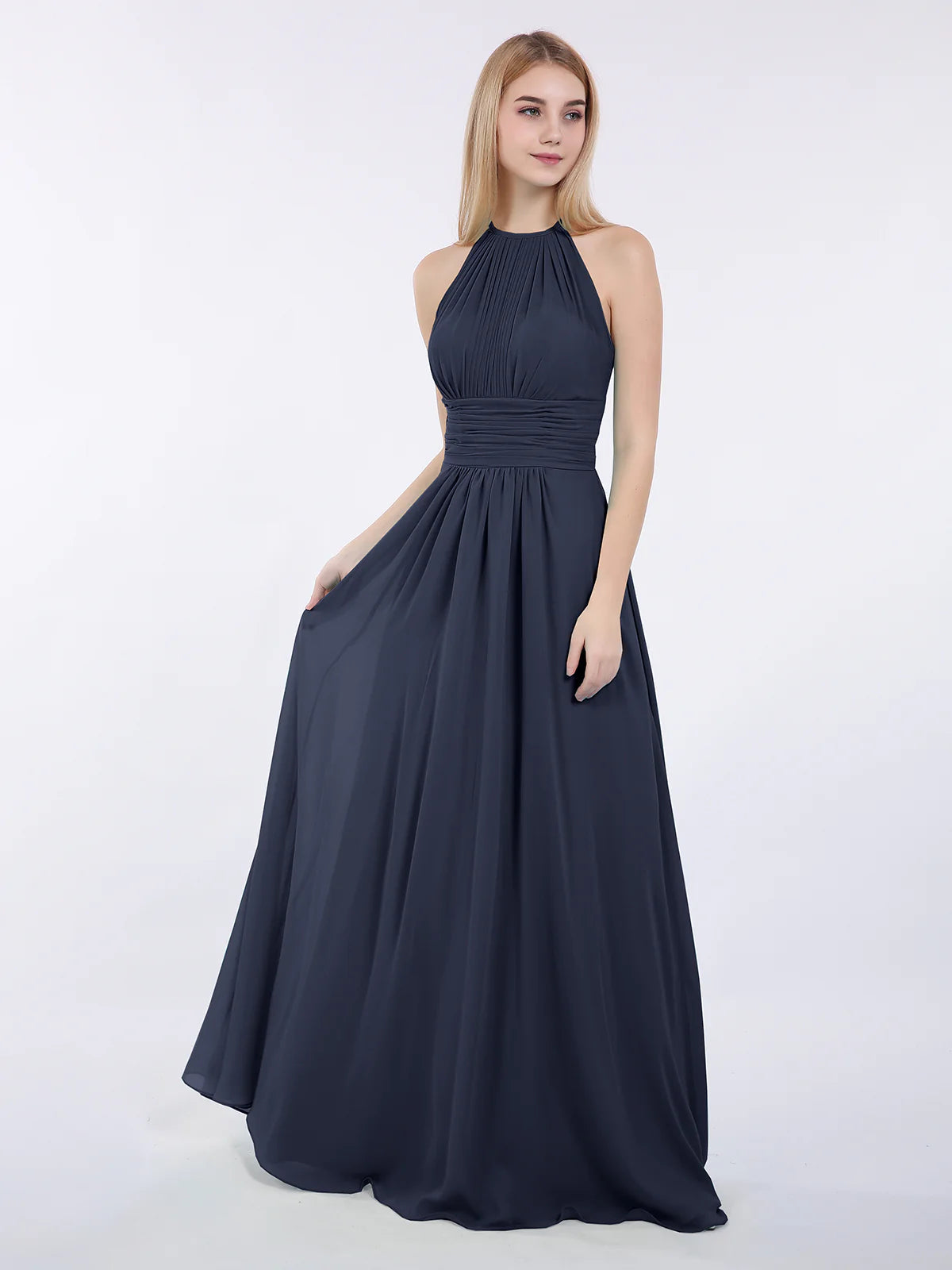 High Neck Halter Pleated Ruched Chiffon Bridesmaid Maxi Dress with Open Back & Pockets