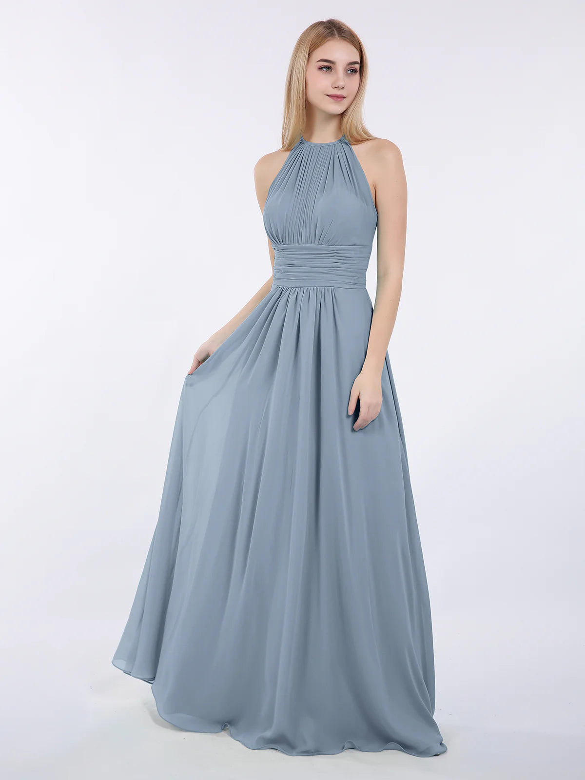 High Neck Halter Pleated Ruched Chiffon Bridesmaid Maxi Dress with Open Back & Pockets