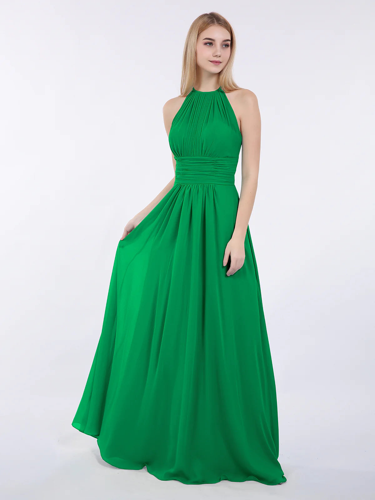 High Neck Halter Pleated Ruched Chiffon Bridesmaid Maxi Dress with Open Back & Pockets