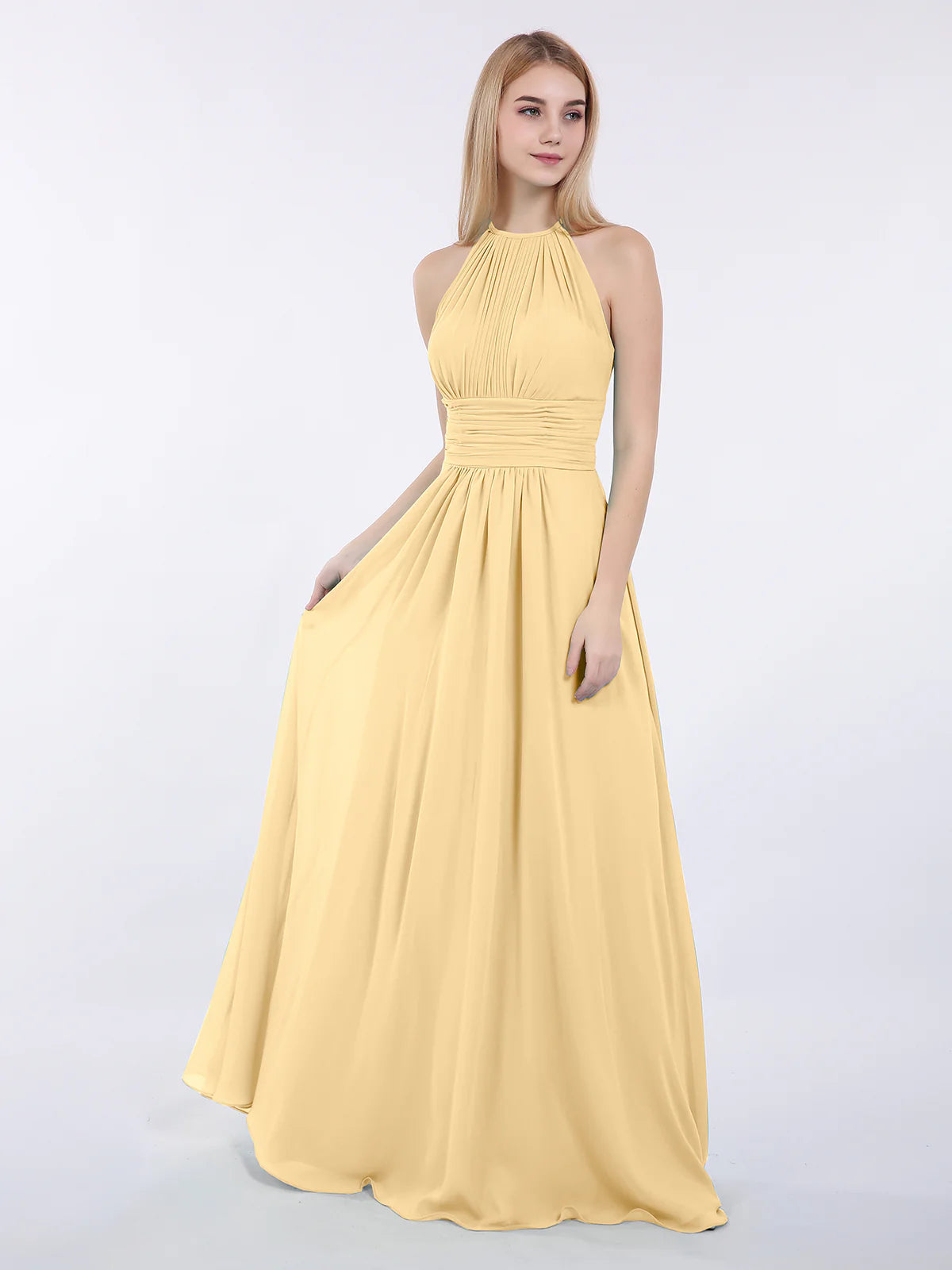 High Neck Halter Pleated Ruched Chiffon Bridesmaid Maxi Dress with Open Back & Pockets