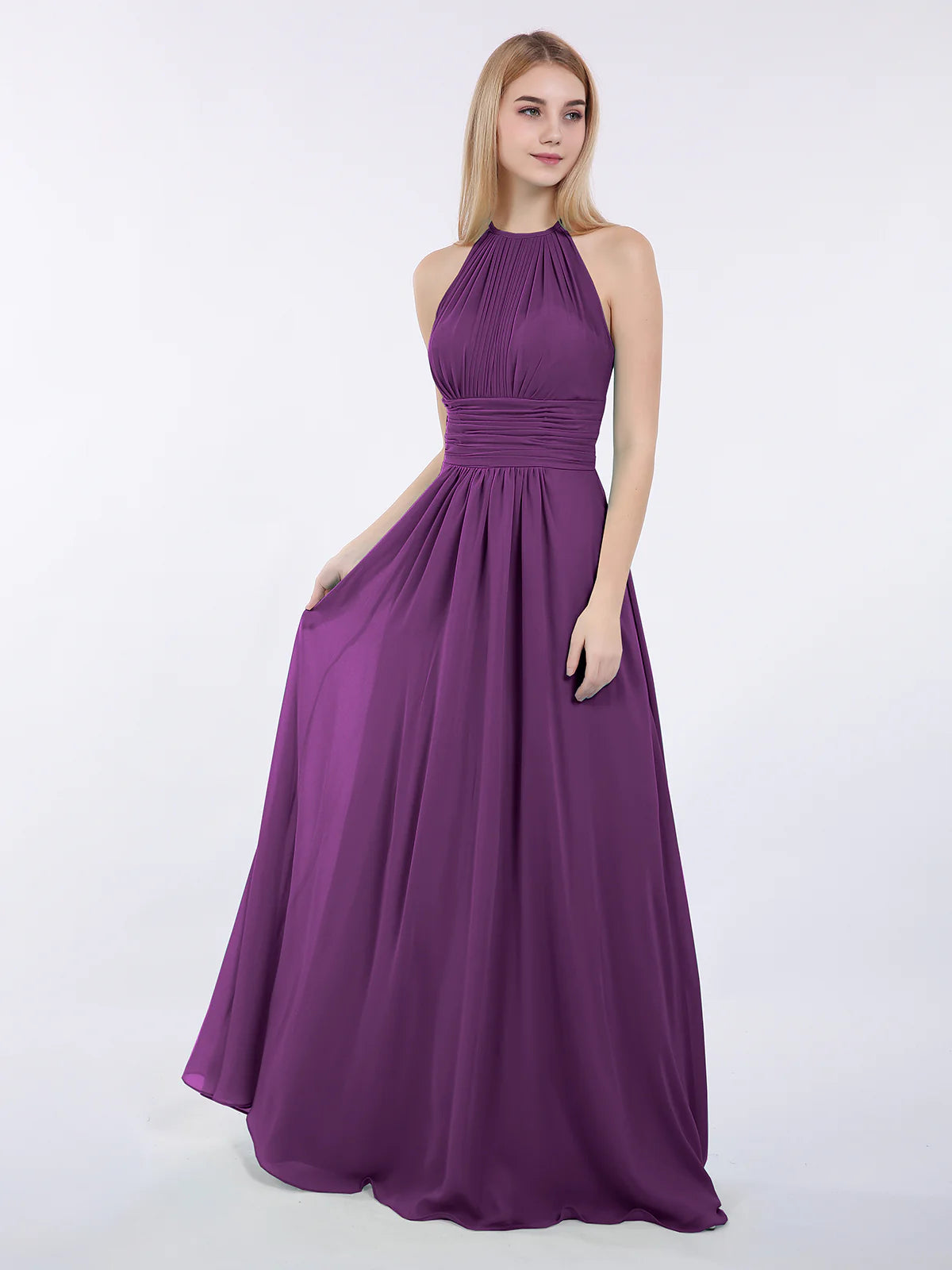 High Neck Halter Pleated Ruched Chiffon Bridesmaid Maxi Dress with Open Back & Pockets