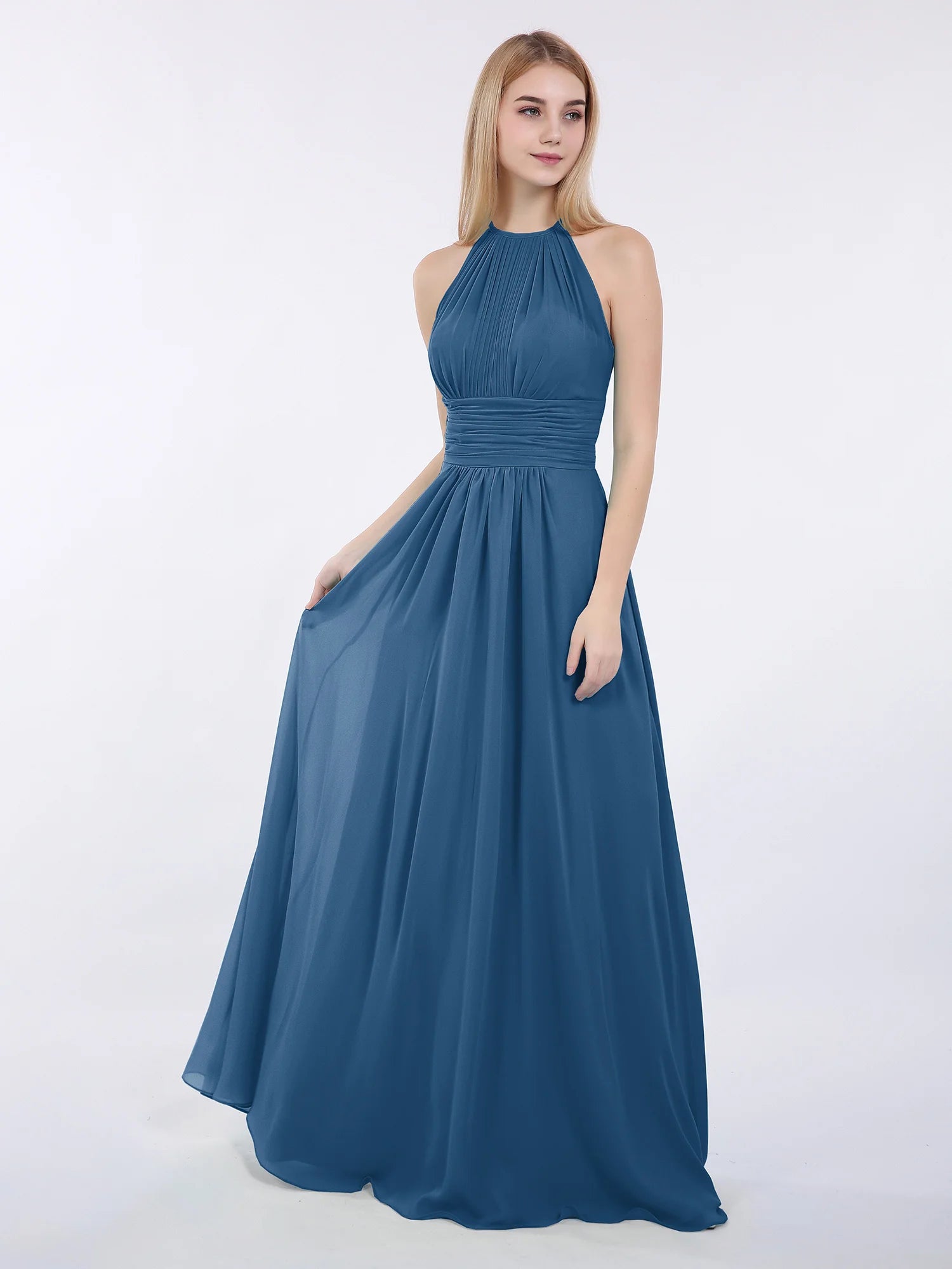High Neck Halter Pleated Ruched Chiffon Bridesmaid Maxi Dress with Open Back & Pockets