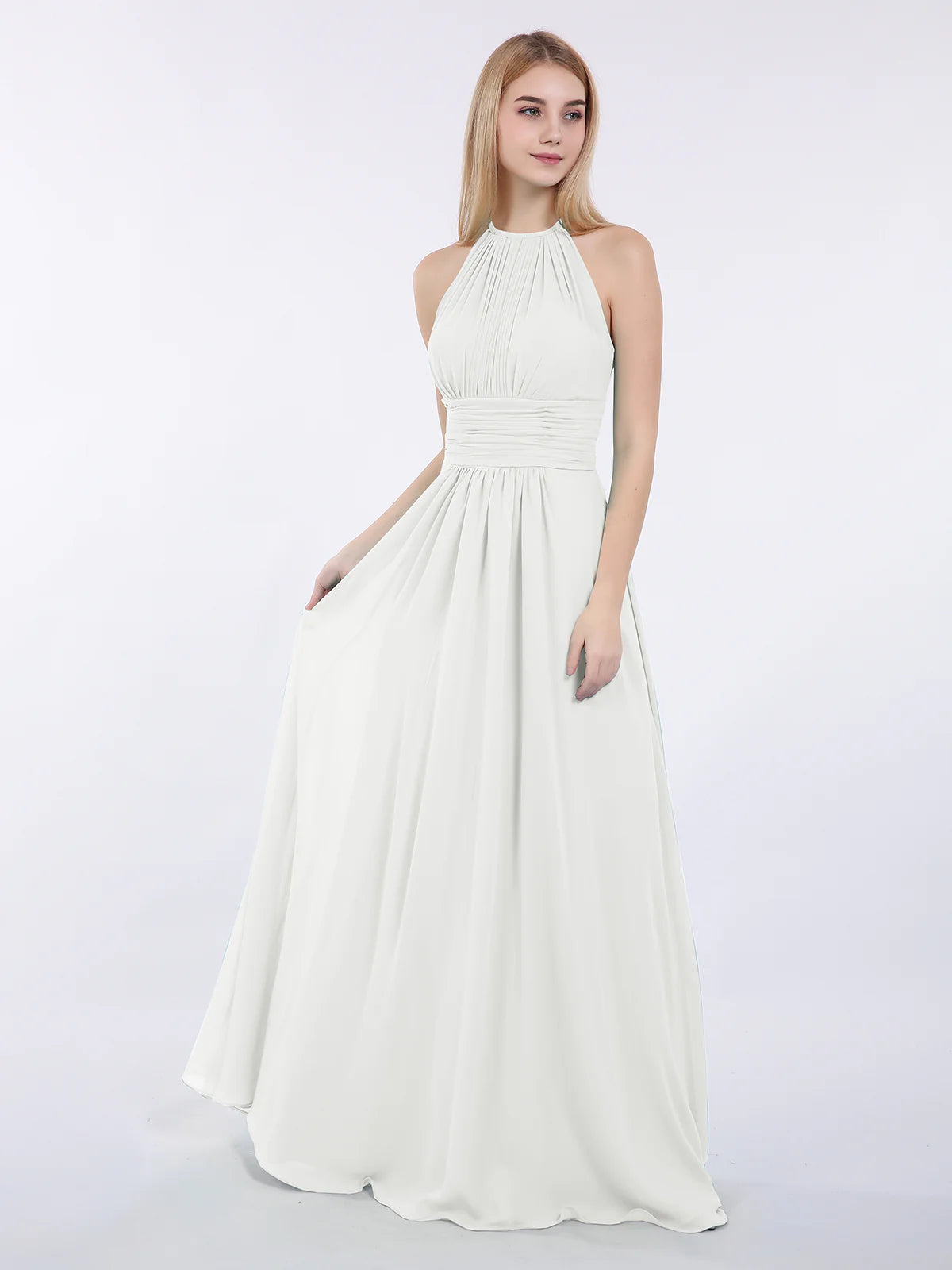 High Neck Halter Pleated Ruched Chiffon Bridesmaid Maxi Dress with Open Back & Pockets