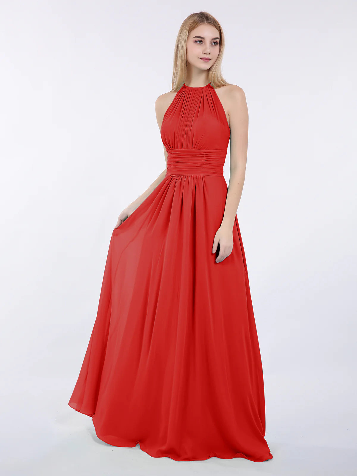 High Neck Halter Pleated Ruched Chiffon Bridesmaid Maxi Dress with Open Back & Pockets