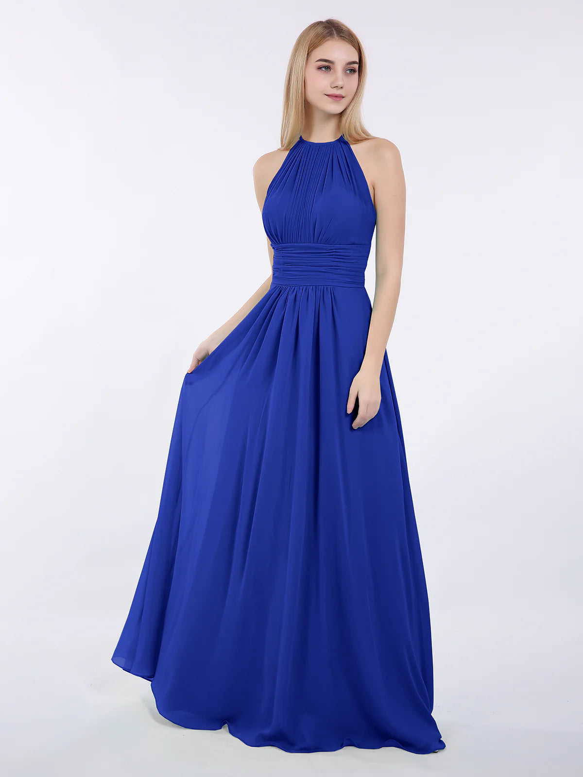 High Neck Halter Pleated Ruched Chiffon Bridesmaid Maxi Dress with Open Back & Pockets