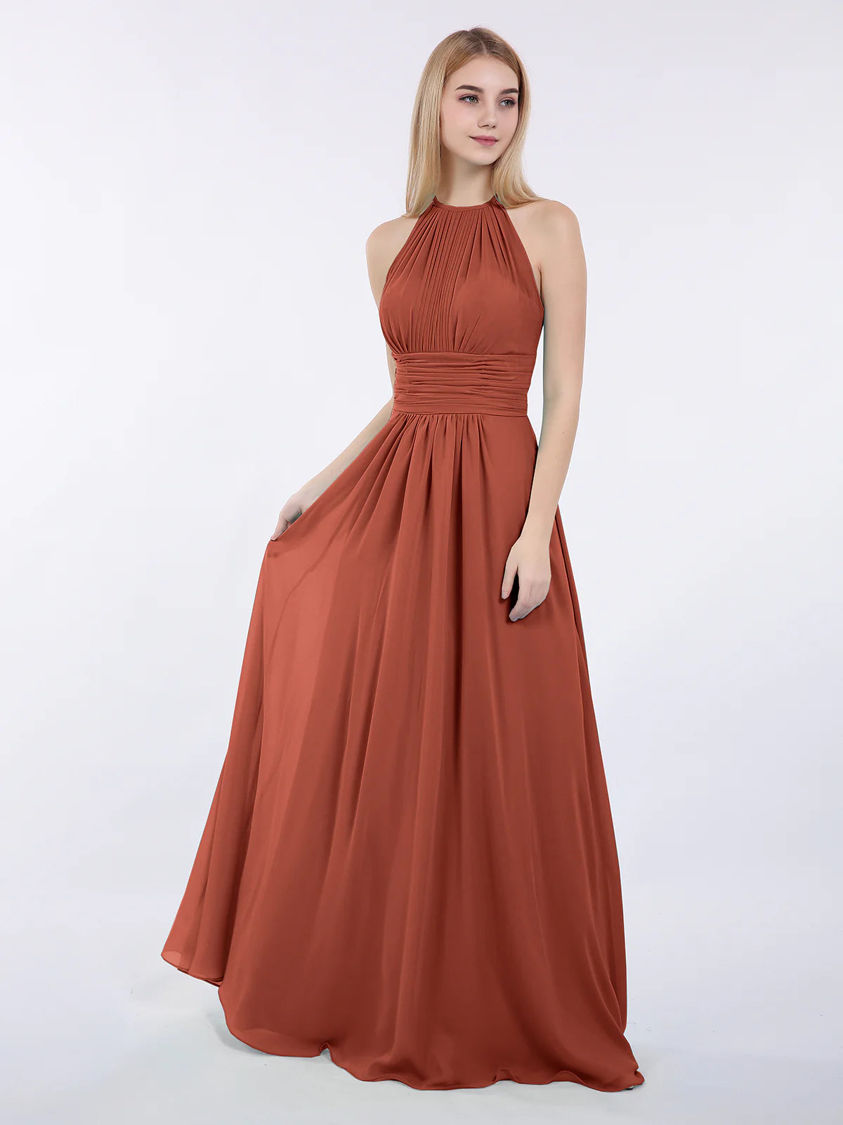 High Neck Halter Pleated Ruched Chiffon Bridesmaid Maxi Dress with Open Back & Pockets