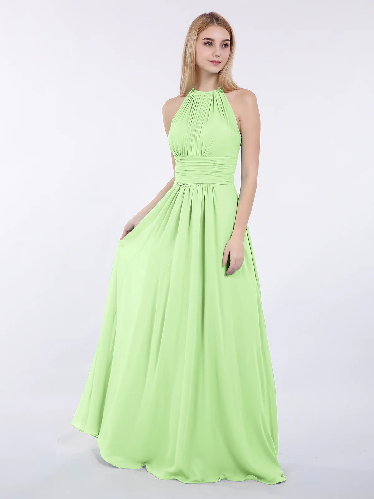 High Neck Halter Pleated Ruched Chiffon Bridesmaid Maxi Dress with Open Back & Pockets