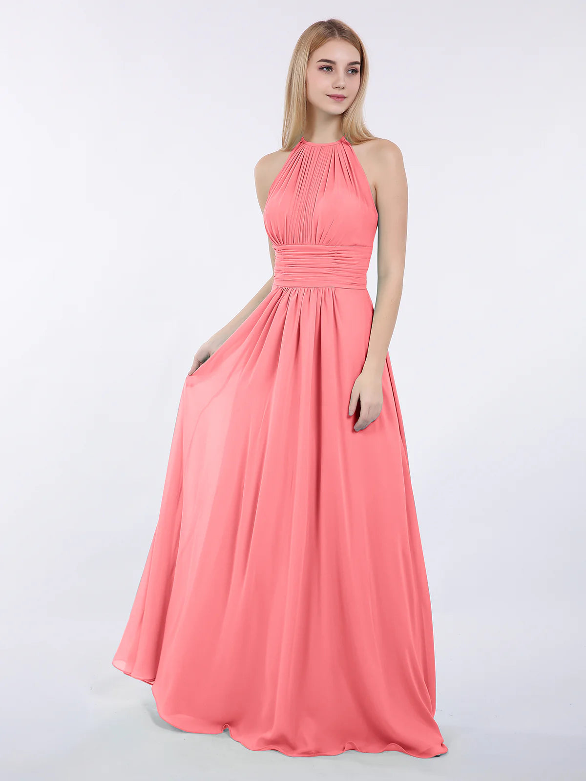 High Neck Halter Pleated Ruched Chiffon Bridesmaid Maxi Dress with Open Back & Pockets