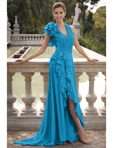 Espectacular vestido de noche largo de gasa con cuello en V, volantes, para fiesta de otoño