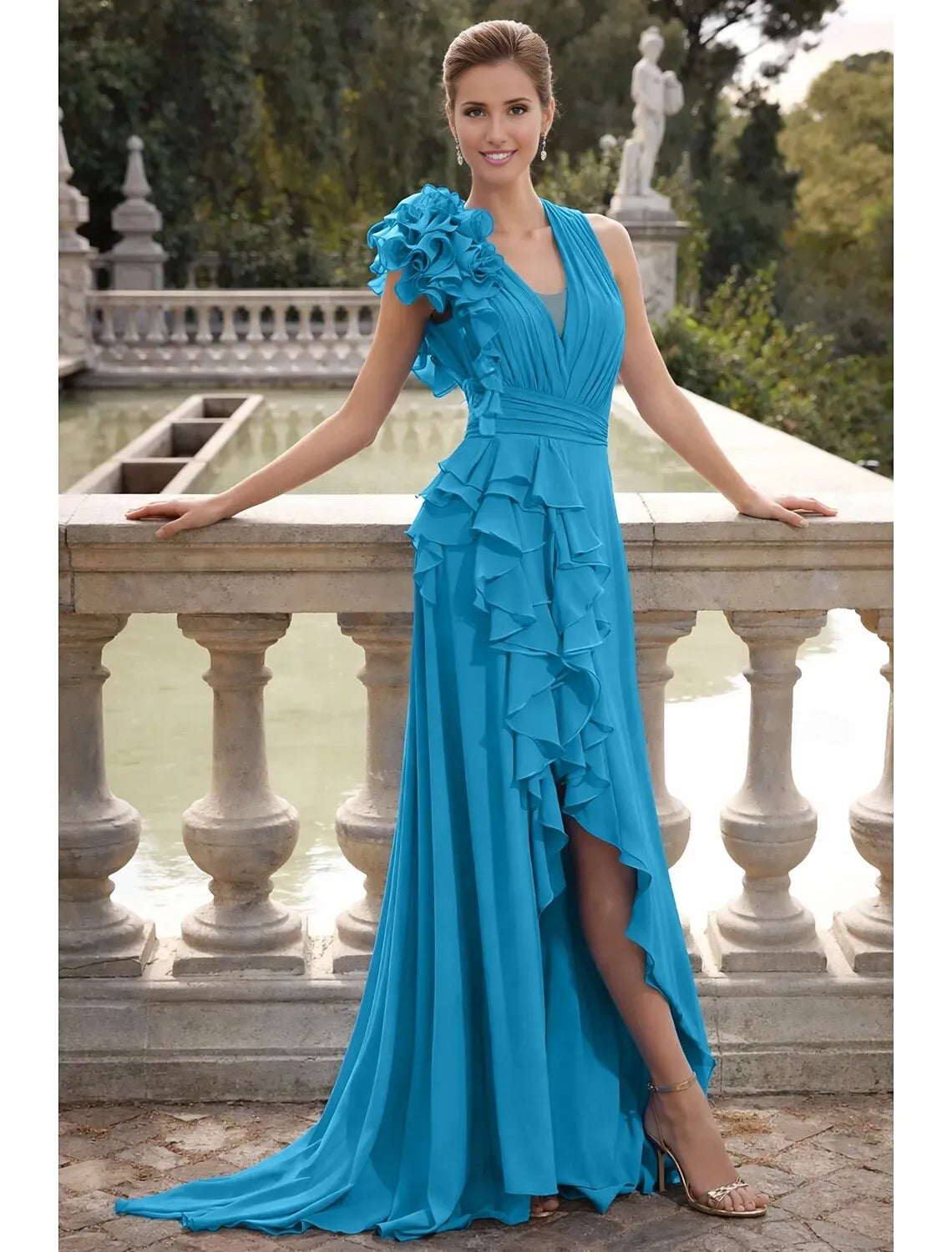 Espectacular vestido de noche largo de gasa con cuello en V, volantes, para fiesta de otoño