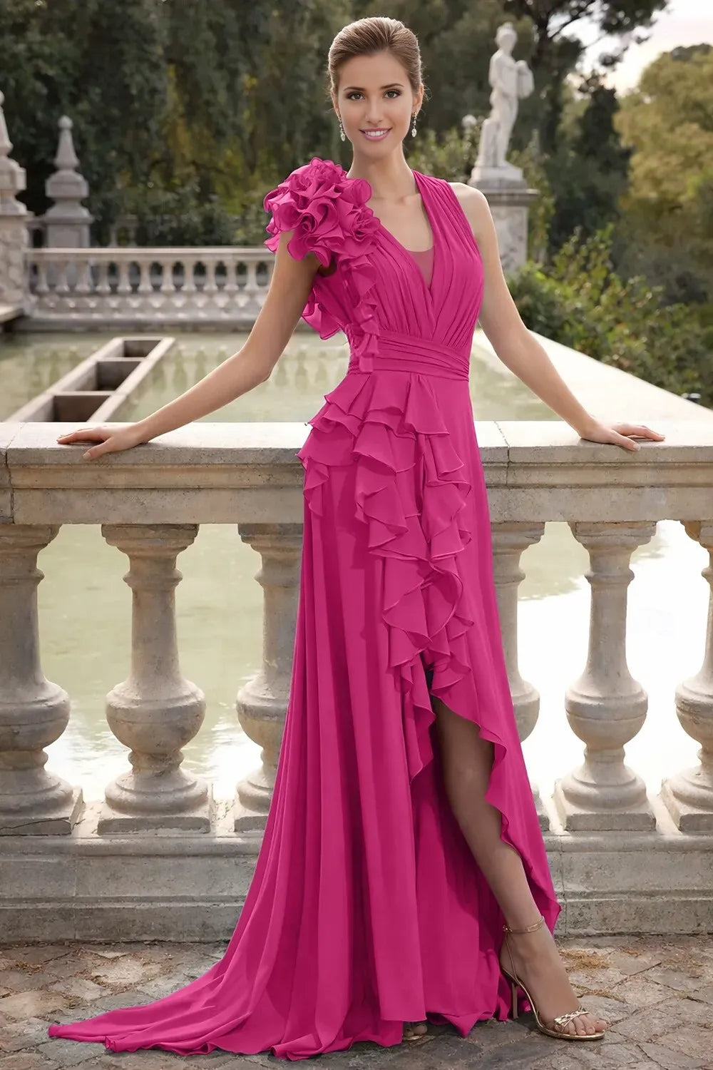 Espectacular vestido de noche largo de gasa con cuello en V, volantes, para fiesta de otoño