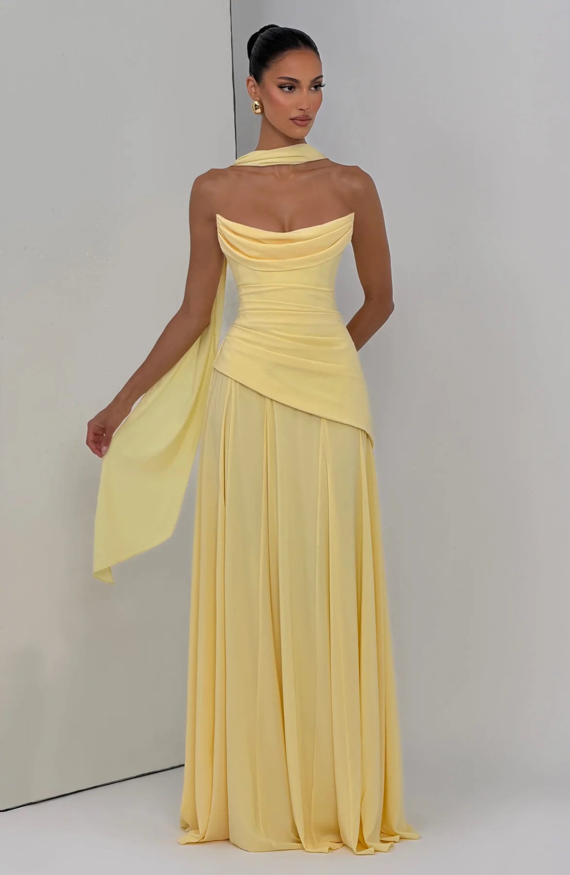Draped A-Line Strapless Sleeveless Chiffon Floor Length Lace-Up Back Evening Gown