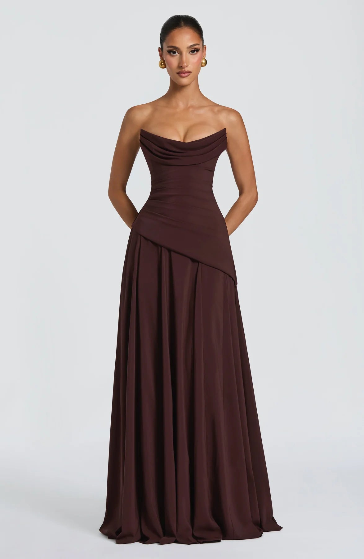 Draped A-Line Strapless Sleeveless Chiffon Floor Length Lace-Up Back Evening Gown
