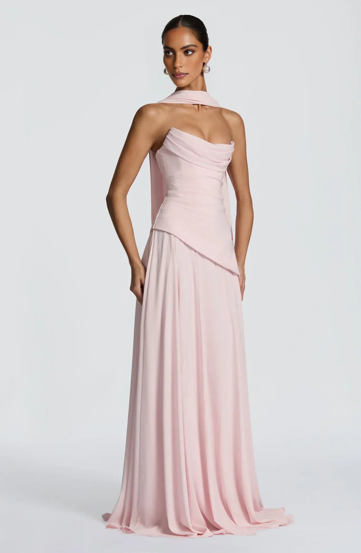 Draped A-Line Strapless Sleeveless Chiffon Floor Length Lace-Up Back Evening Gown
