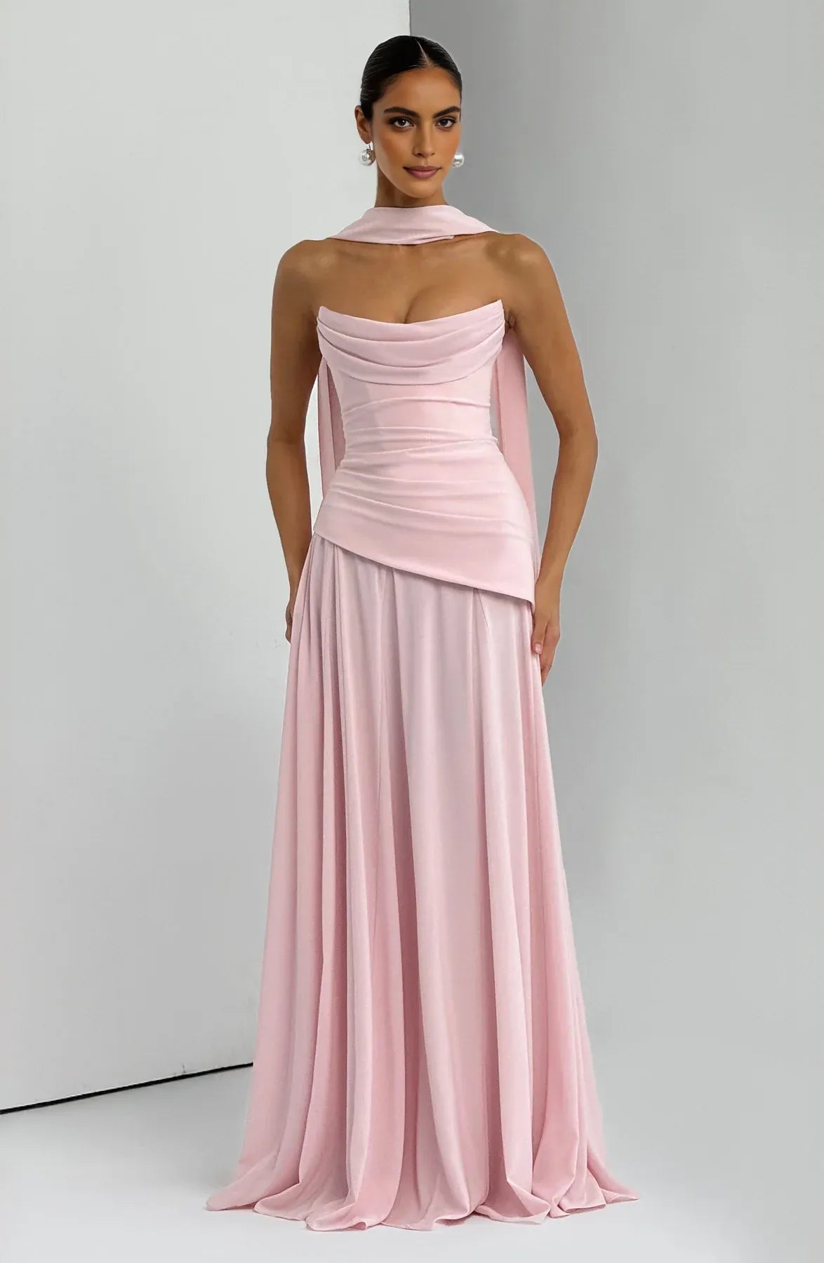 Draped A-Line Strapless Sleeveless Chiffon Floor Length Lace-Up Back Evening Gown