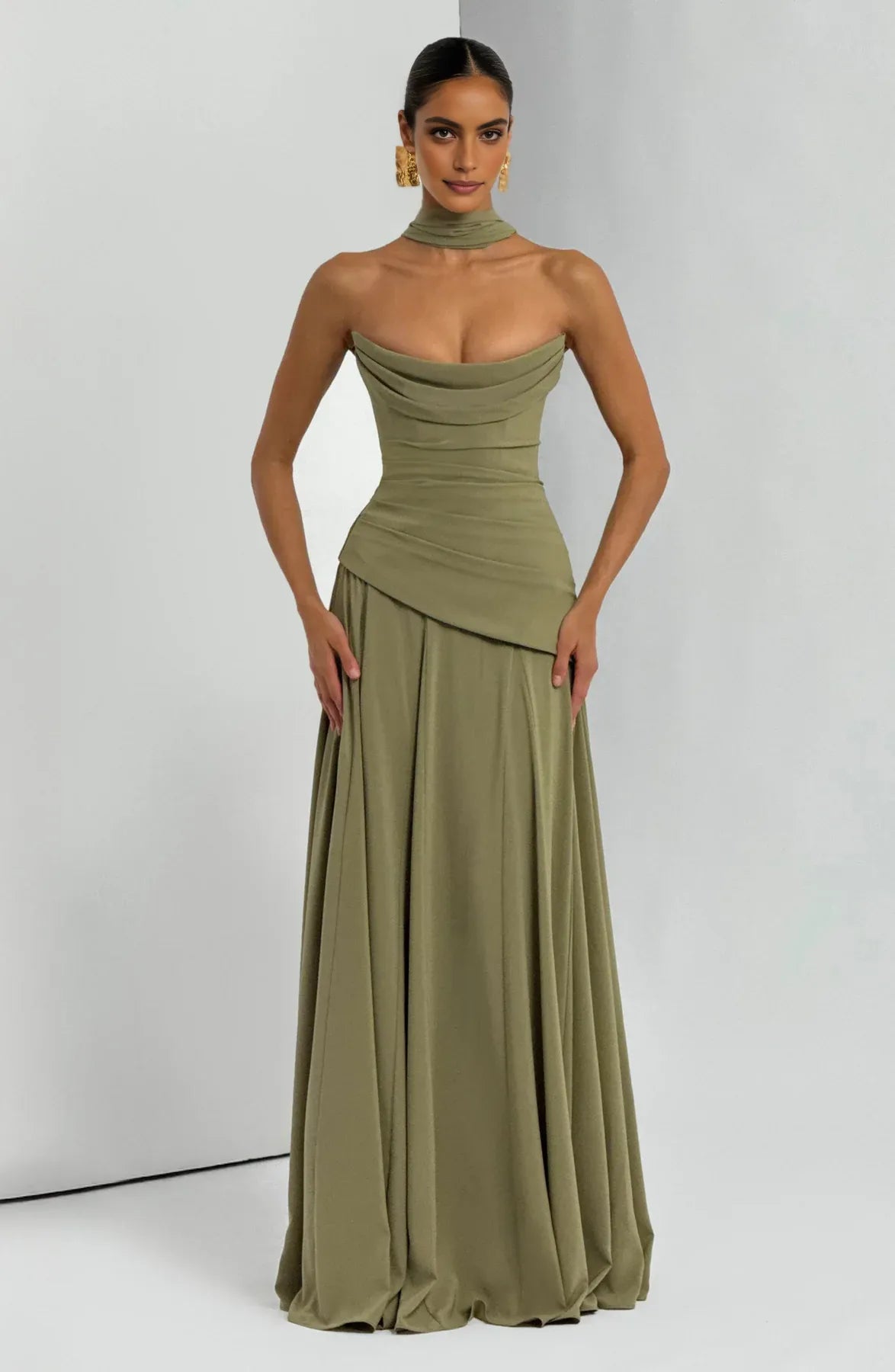 Draped A-Line Strapless Sleeveless Chiffon Floor Length Lace-Up Back Evening Gown