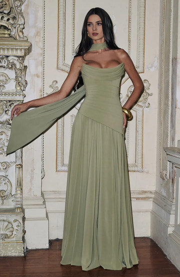 Draped A-Line Strapless Sleeveless Chiffon Floor Length Lace-Up Back Evening Gown