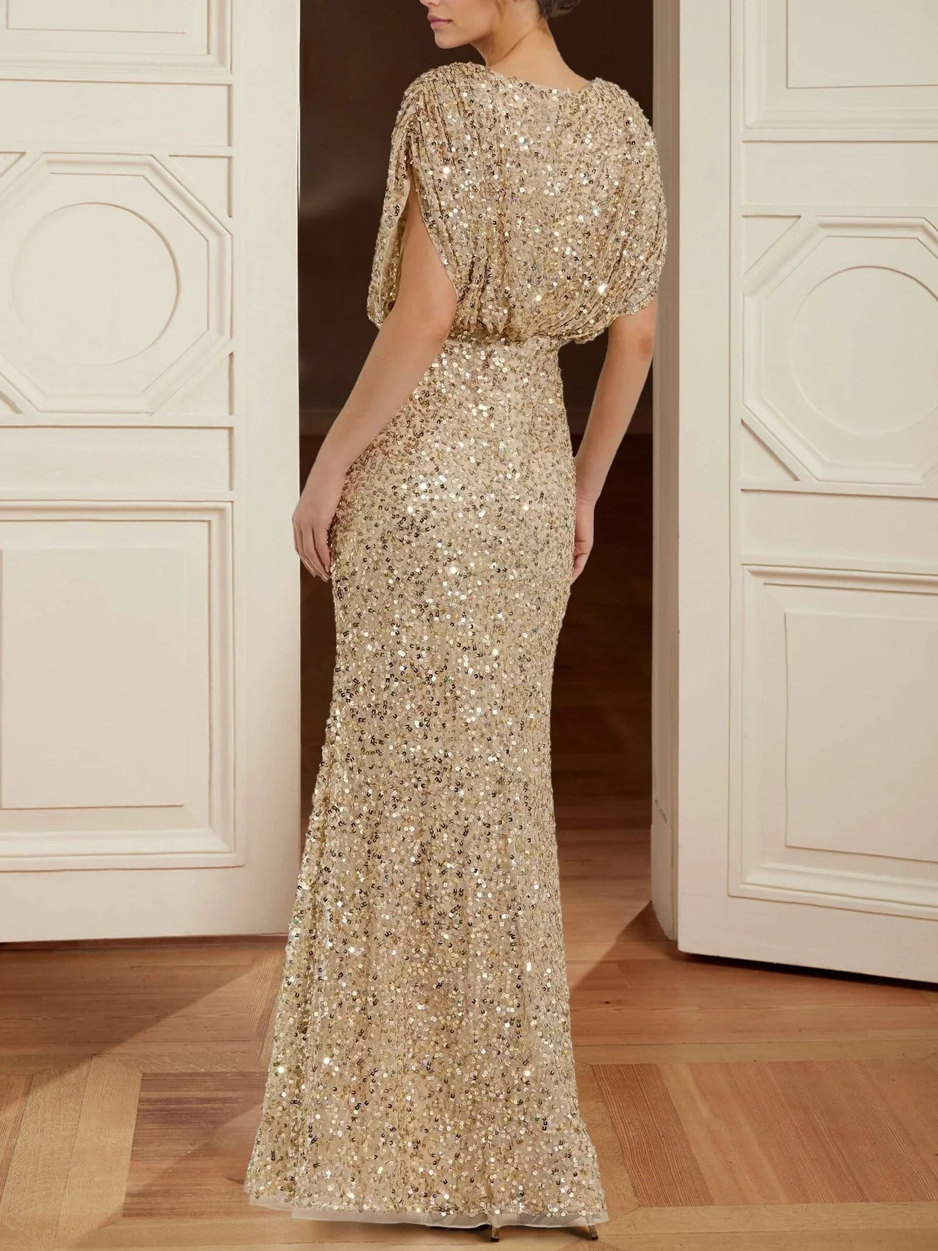 Sheath/Column Draped Sleeve Sequin Mermaid V-Neck Floor-Length Evening Gown
