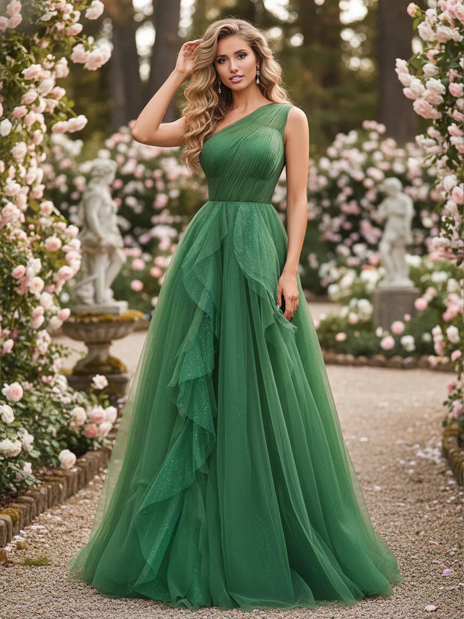 Dreamy A-Line One-Shoulder Sleeveless Tulle Formal Evening Dress with Cascading Ruffles