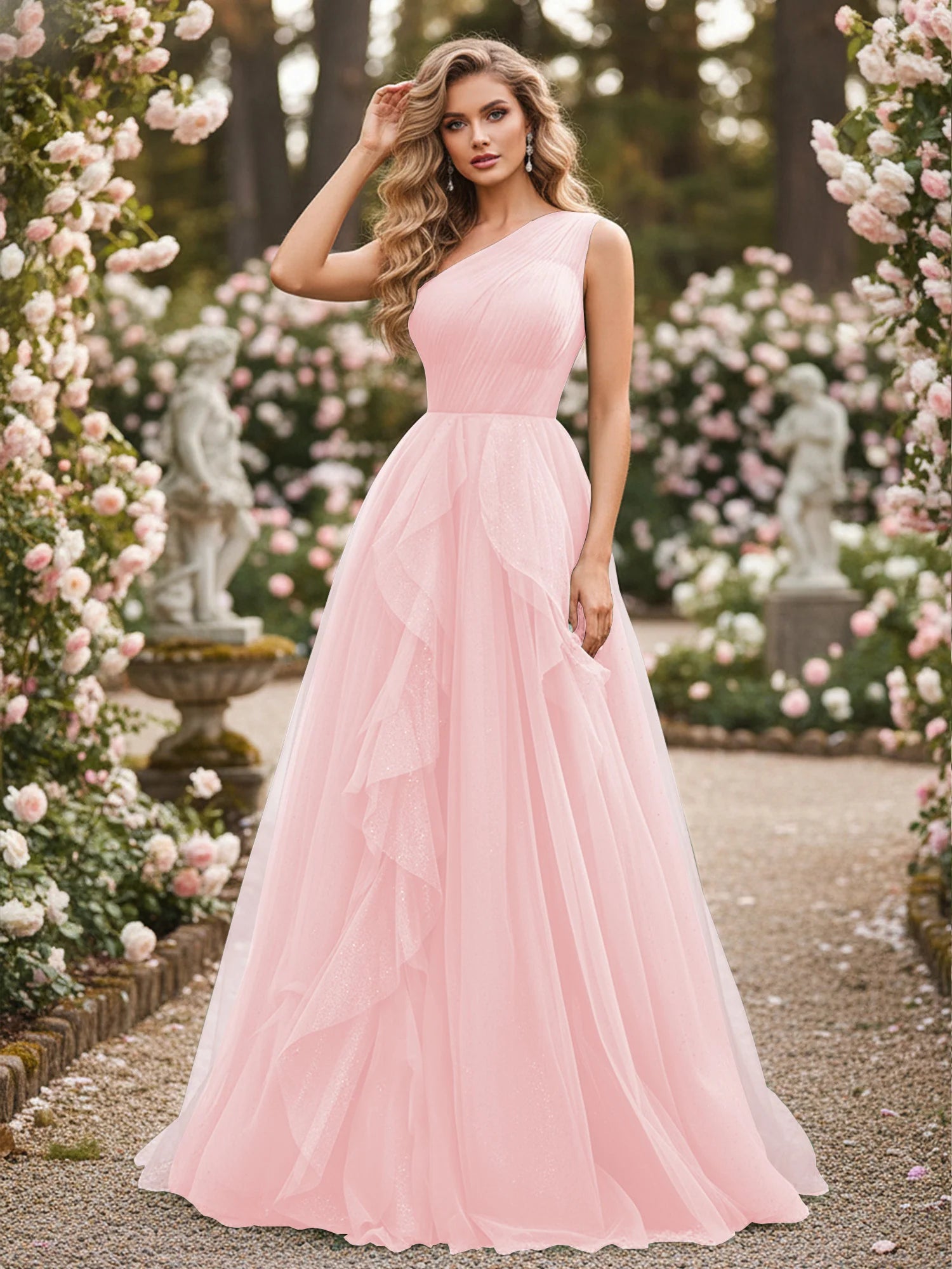 Dreamy A-Line One-Shoulder Sleeveless Tulle Formal Evening Dress with Cascading Ruffles