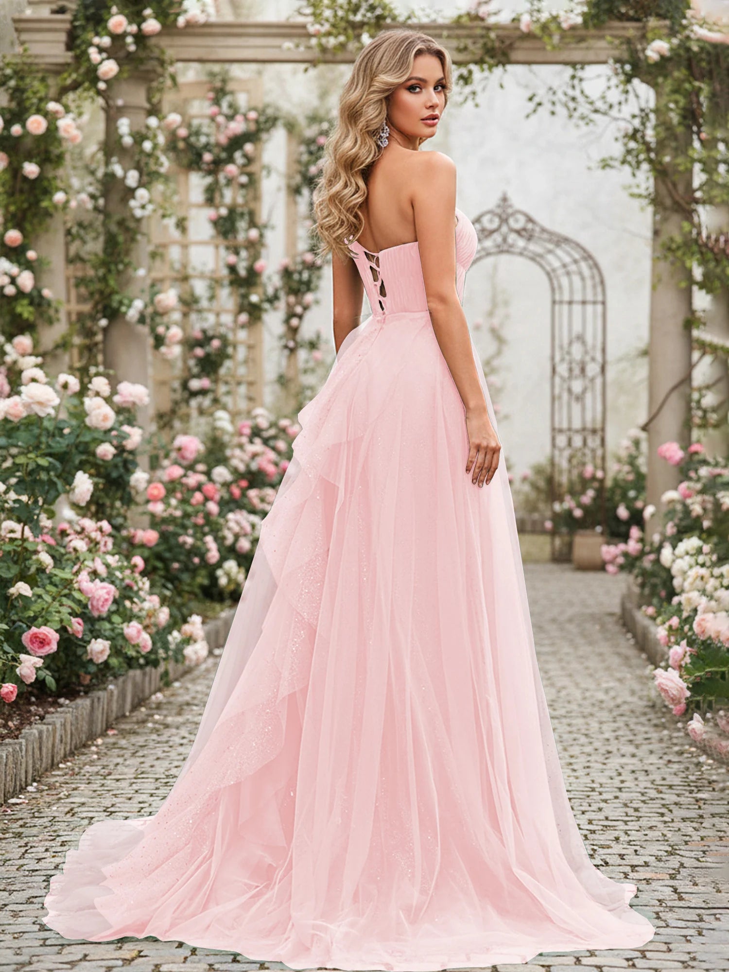 Dreamy A-Line One-Shoulder Sleeveless Tulle Formal Evening Dress with Cascading Ruffles