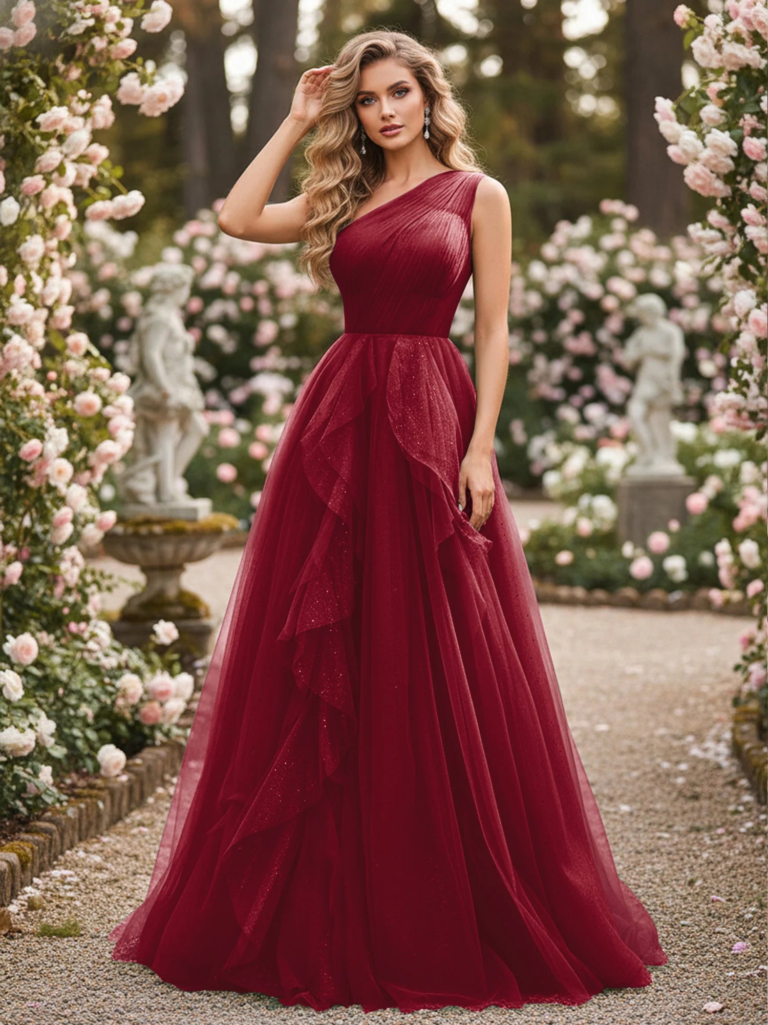 Dreamy A-Line One-Shoulder Sleeveless Tulle Formal Evening Dress with Cascading Ruffles