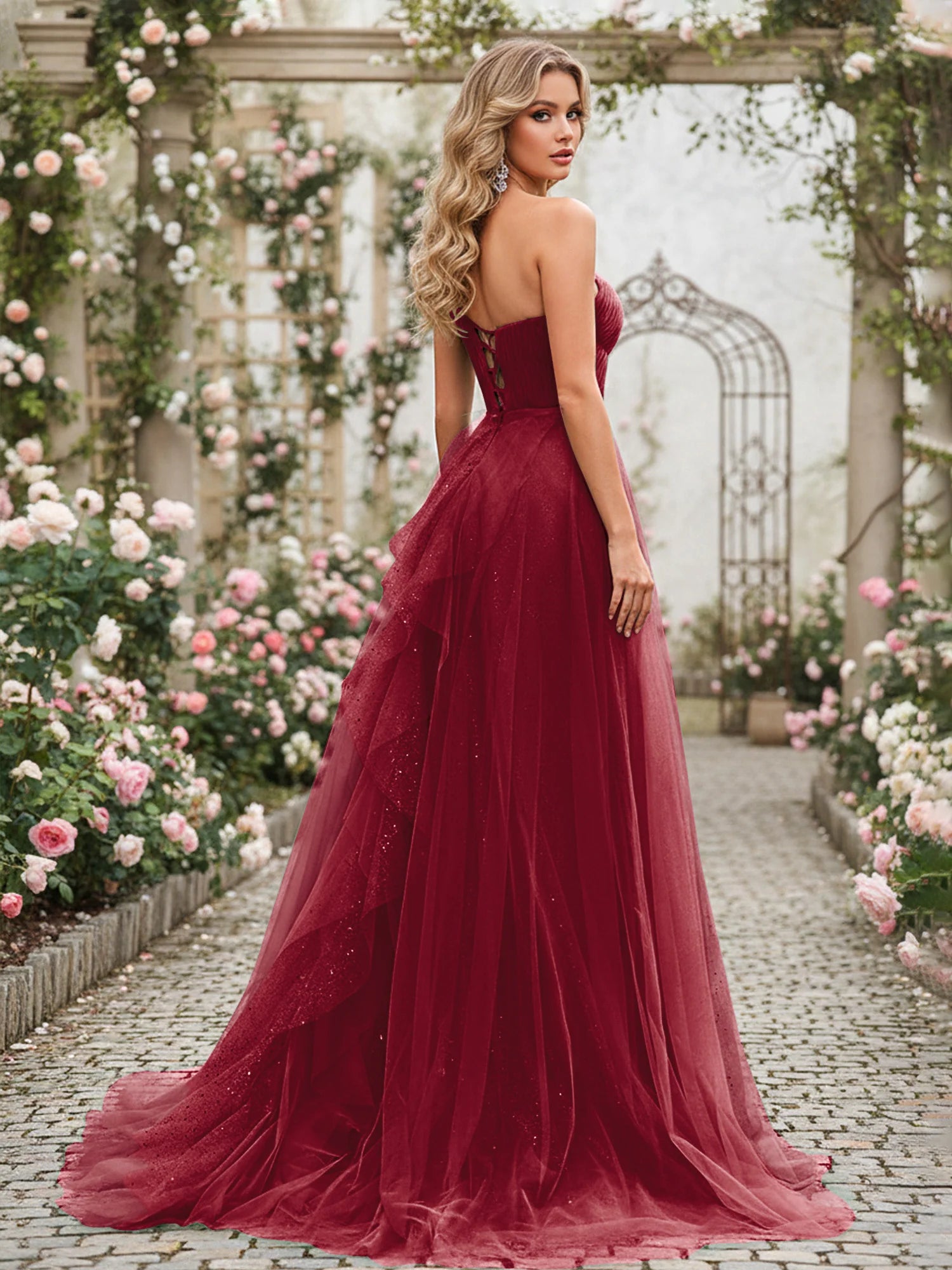 Dreamy A-Line One-Shoulder Sleeveless Tulle Formal Evening Dress with Cascading Ruffles