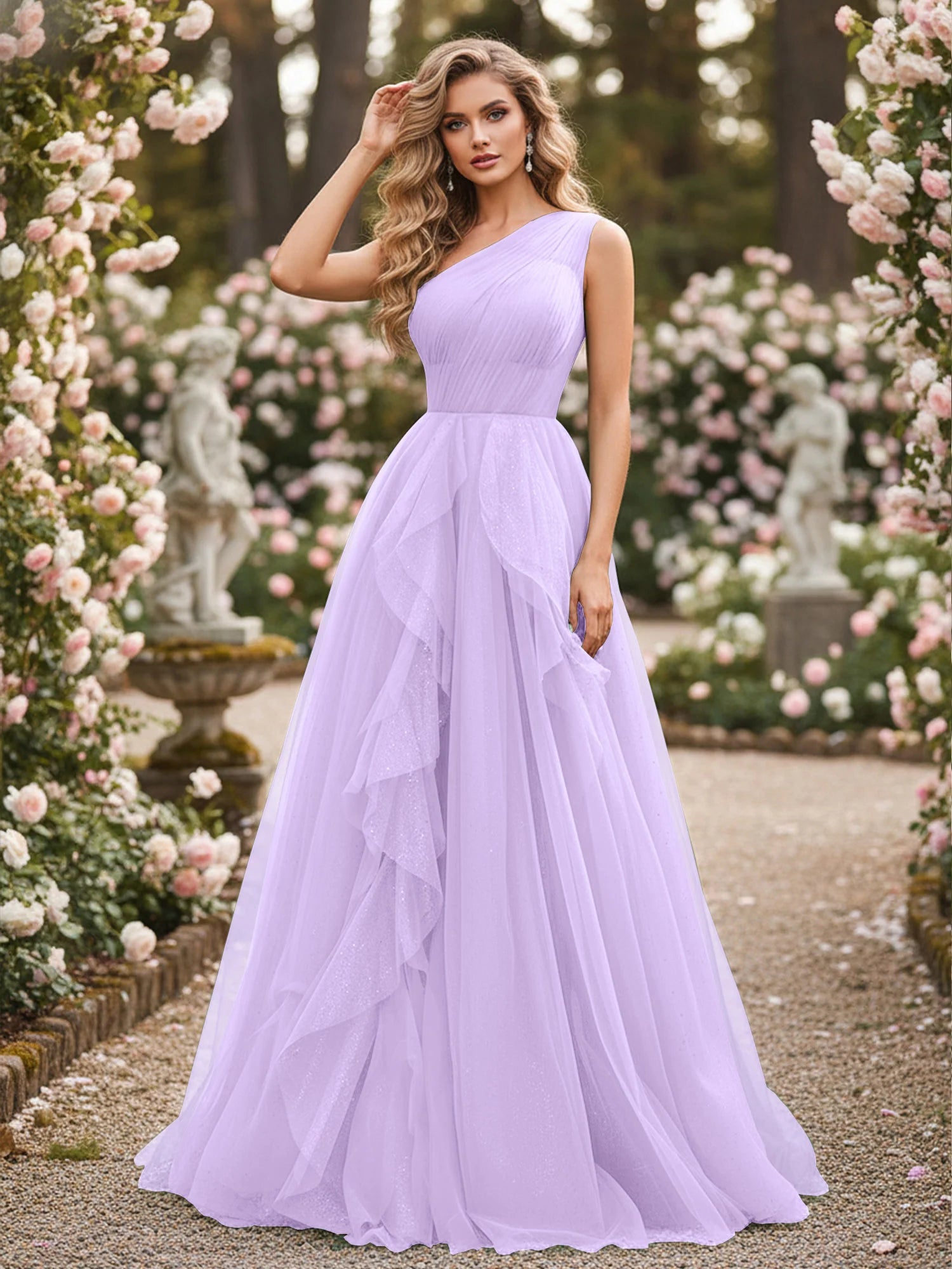 Dreamy A-Line One-Shoulder Sleeveless Tulle Formal Evening Dress with Cascading Ruffles