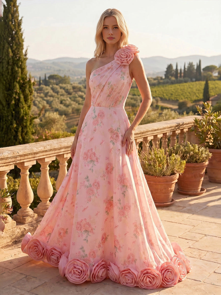 Vedress pink floral one‑shoulder floor‑length a‑line wedding gown with 3D rose decor