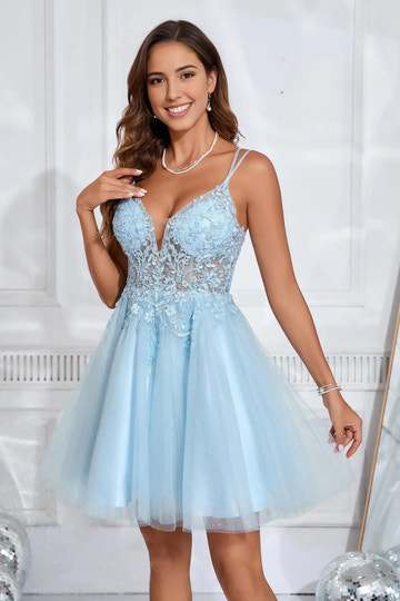 Dreamy A-Line Plunge Neck Spaghetti Tulle Short Lace Homecoming Dress