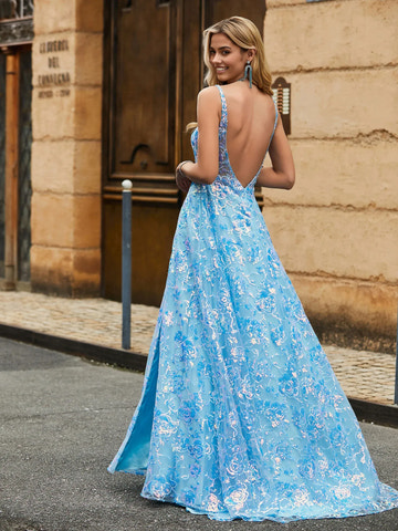 Dreamy A-Line Scoop Neck Sleeveless Tulle Sequin Floral Slit Formal Prom Dress