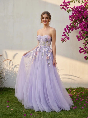 Vedress lavender tulle 3D floral strapless sweetheart long a‑line wedding dress
