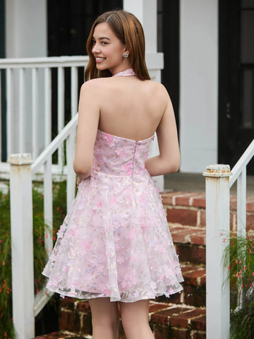 Dreamy A-line Halter Sleeveless 3D-Floral Tulle Mini Backless Homecoming Dress