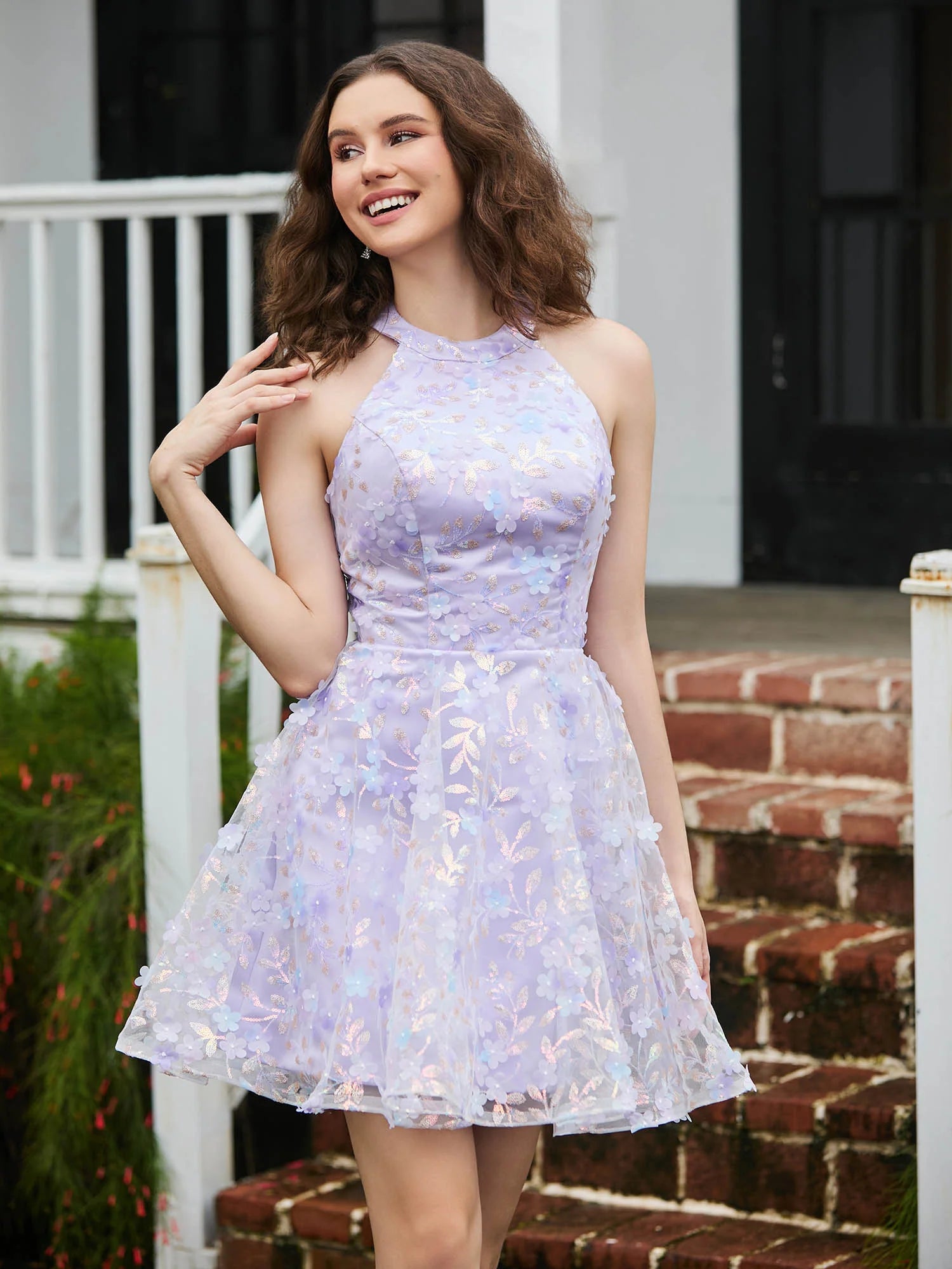 Dreamy A-line Halter Sleeveless 3D-Floral Tulle Mini Backless Homecoming Dress