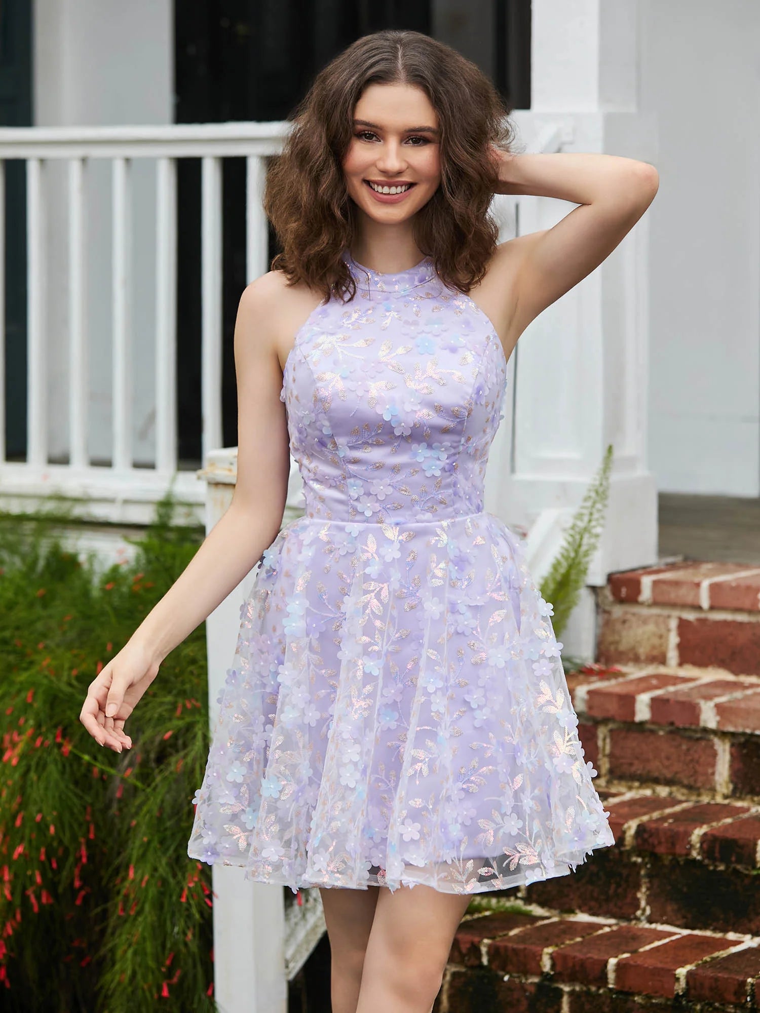 Dreamy A-line Halter Sleeveless 3D-Floral Tulle Mini Backless Homecoming Dress