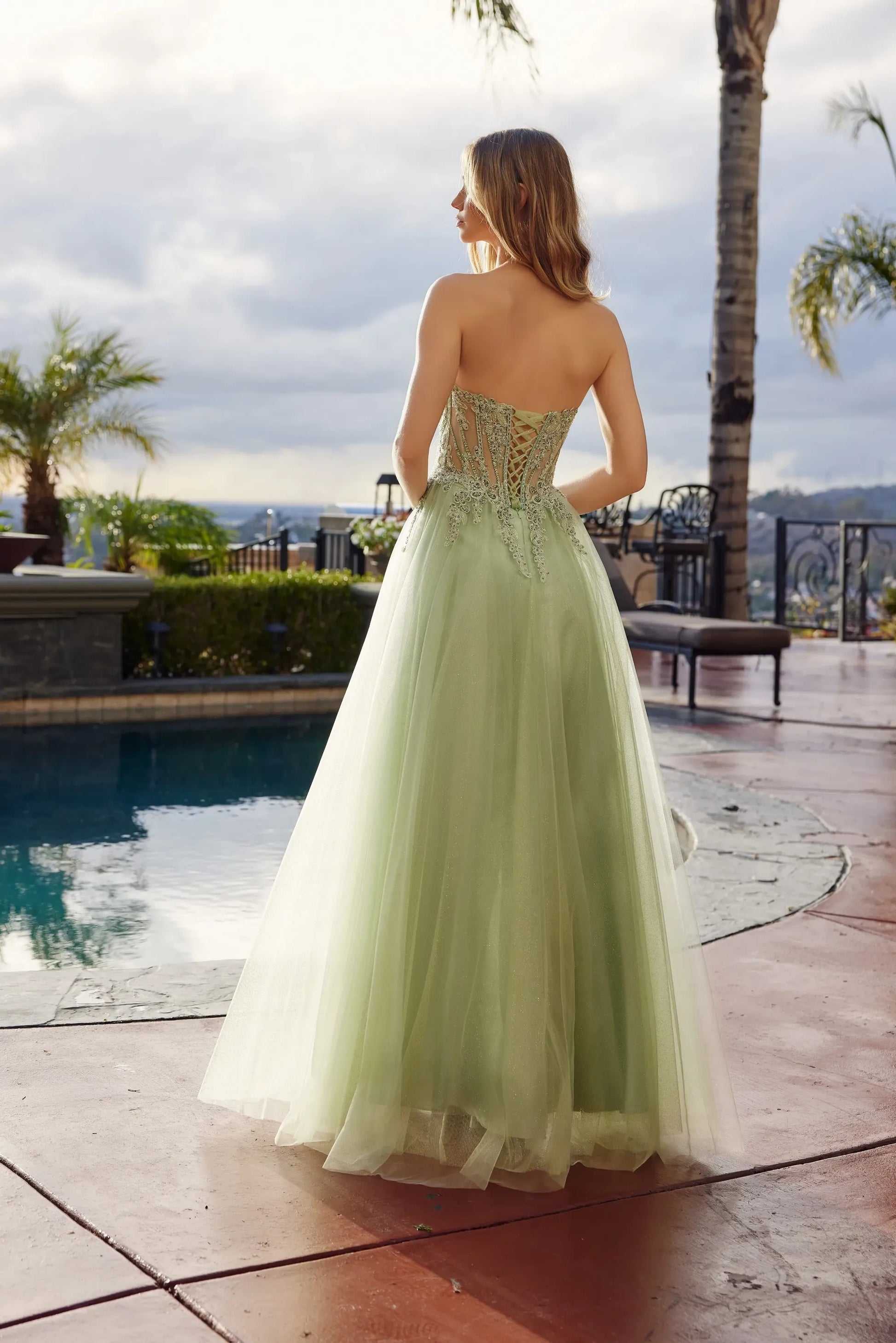 Dreamy ALine Strapless Sleeveless Lace Tulle Long Corset Prom Dress