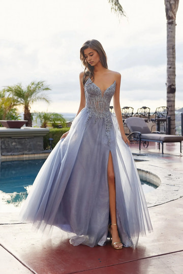Dreamy ALine Strapless Sleeveless Lace Tulle Long Corset Prom Dress