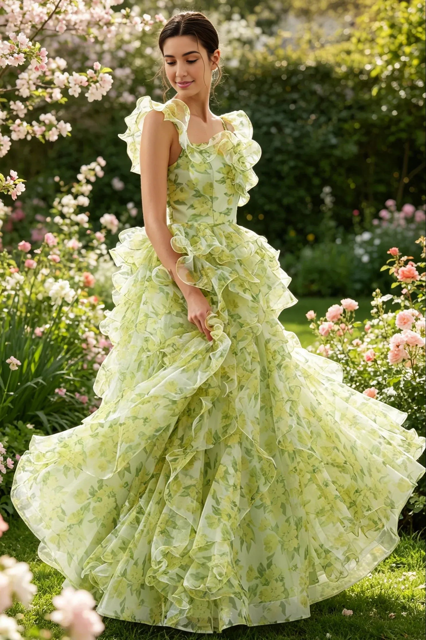 Dreamy Ballgown SquareNeck Sleeveless Tulle Floor-Length Ruffled Prom Dress