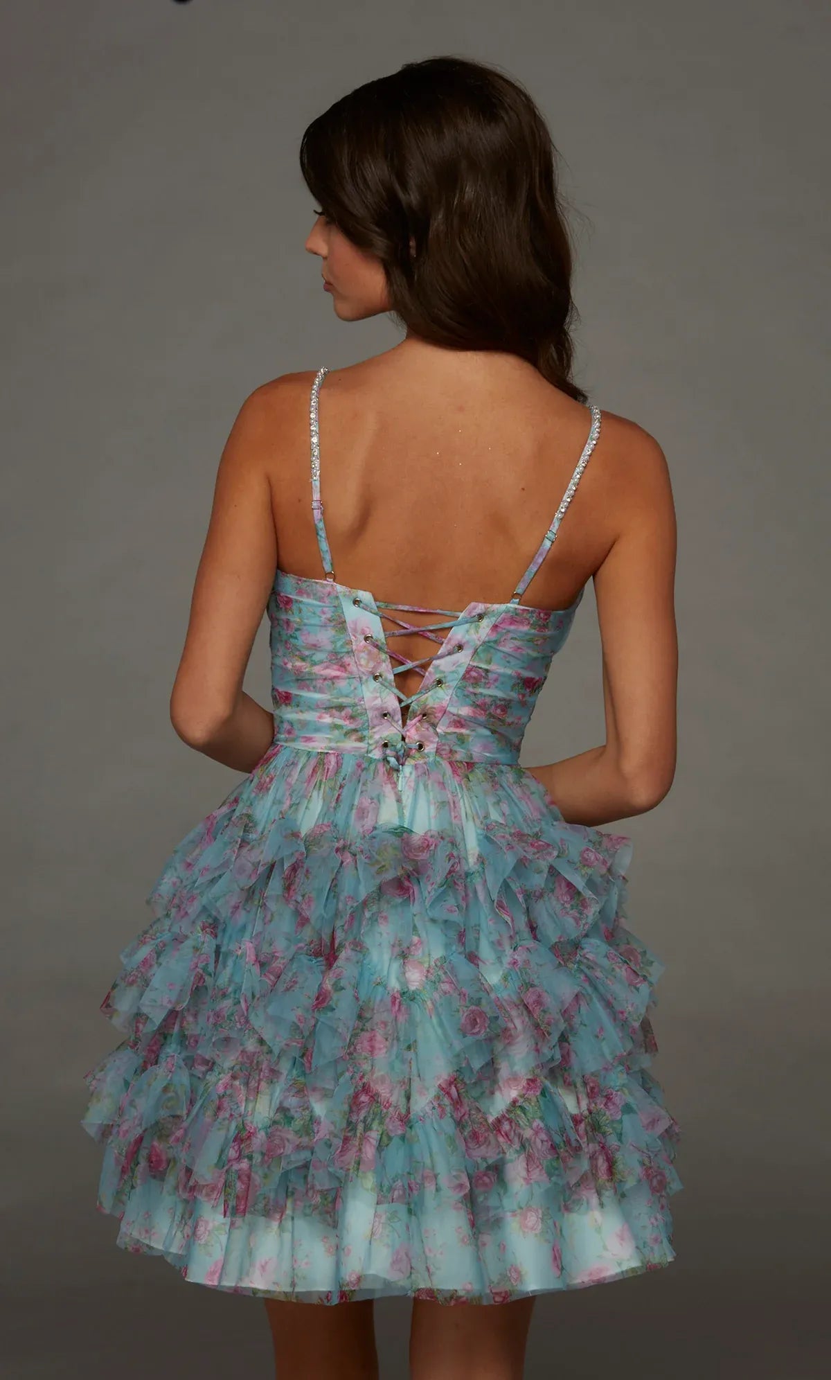 Dreamy A Line V Neck Sleeveless Tulle Rhinestone Strap Tiered Mini Homecoming Dress
