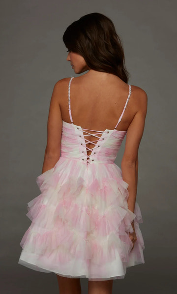 Dreamy A Line V Neck Sleeveless Tulle Rhinestone Strap Tiered Mini Homecoming Dress