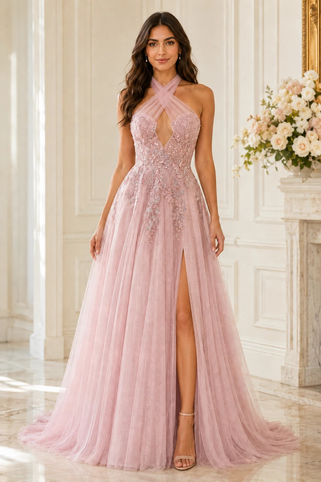 Vedress blush pink A-line prom dress with halter neckline floral embroidery keyhole bodice high slit and floor-length skirt
